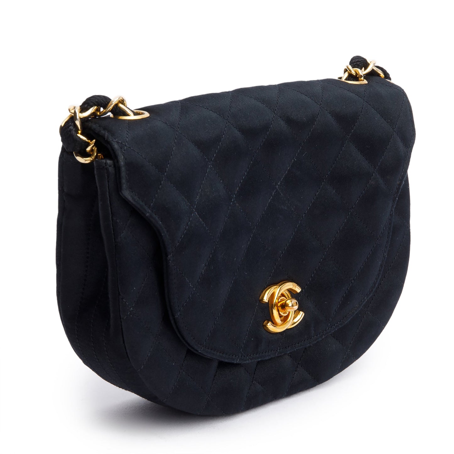 Chanel Vintage Black Quilted Satin Half Moon Flap Bag