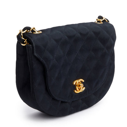 Chanel Vintage Black Quilted Satin Half Moon Flap Bag