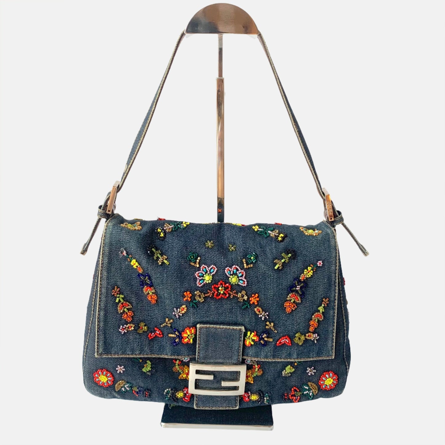 FENDI Mamma Baguette Blue Denim with Floral Beads