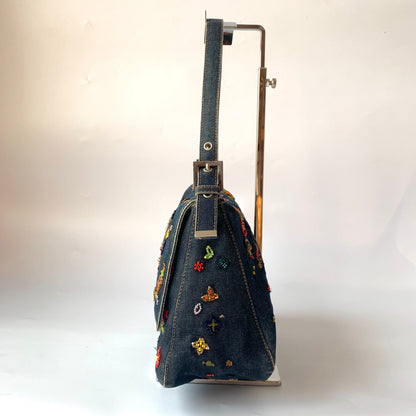 FENDI Mamma Baguette Blue Denim with Floral Beads