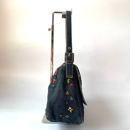 FENDI Mamma Baguette Blue Denim with Floral Beads
