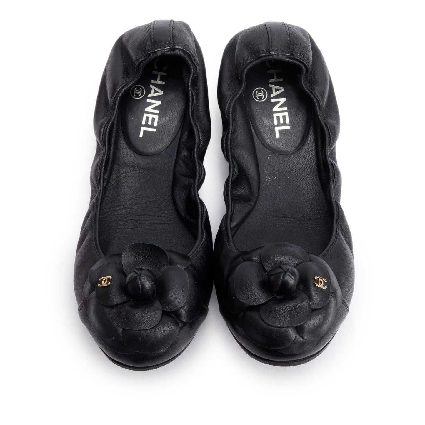 Chanel Black Leather Interlocking CC Logo Camellia Ballet Flats, Size 37.5