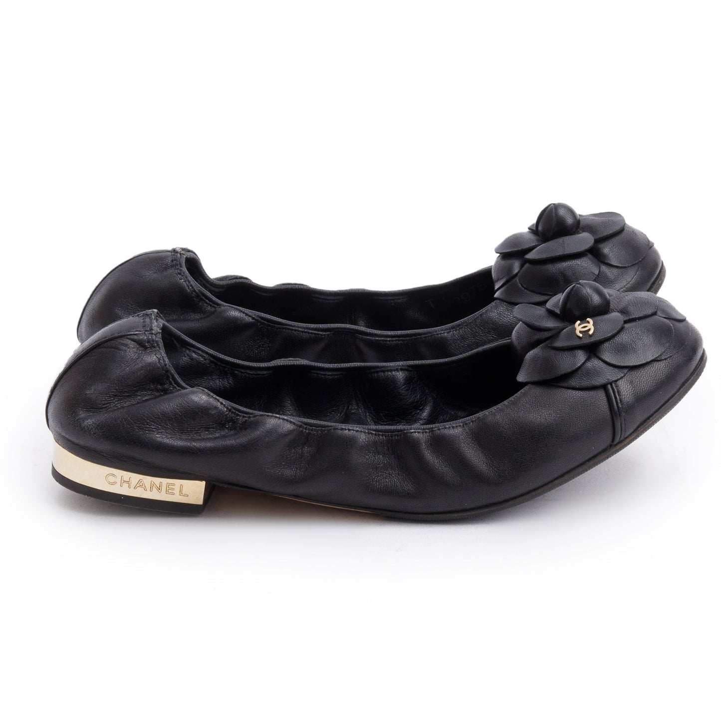 Chanel Black Leather Interlocking CC Logo Camellia Ballet Flats, Size 37.5