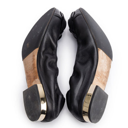 Chanel Black Leather Interlocking CC Logo Camellia Ballet Flats, Size 37.5