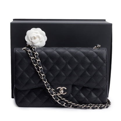Chanel Black Quilted Caviar Leather Classic Jumbo Double Flap Bag