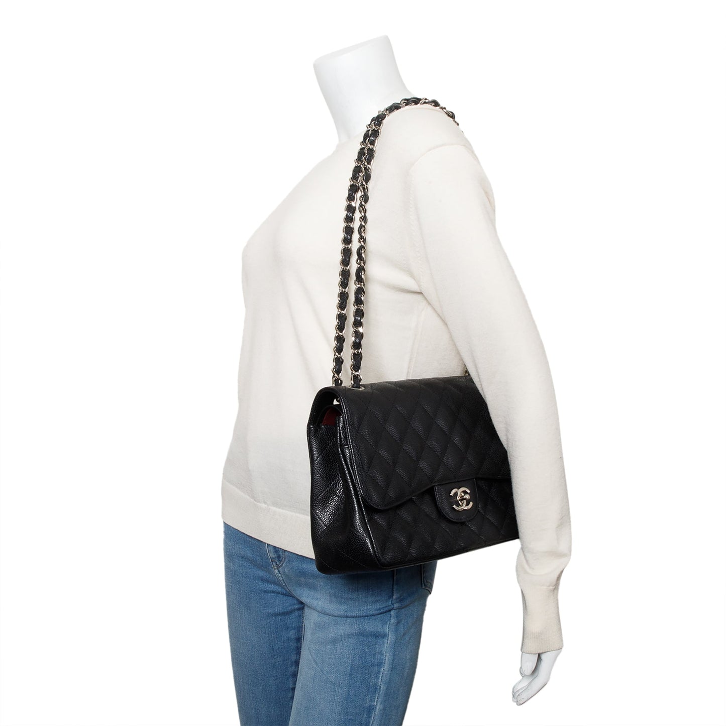 Chanel Black Quilted Caviar Leather Classic Jumbo Double Flap Bag