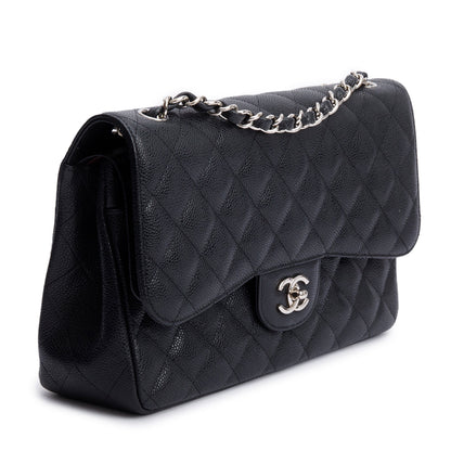 Chanel Black Quilted Caviar Leather Classic Jumbo Double Flap Bag