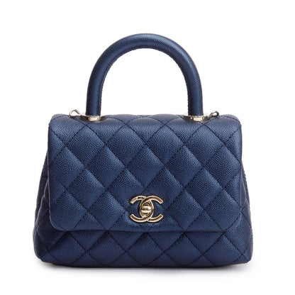 Chanel 2020 Blue Irisdescent Quilted Caviar Leather Mini Coco Top Handle Flap Bag