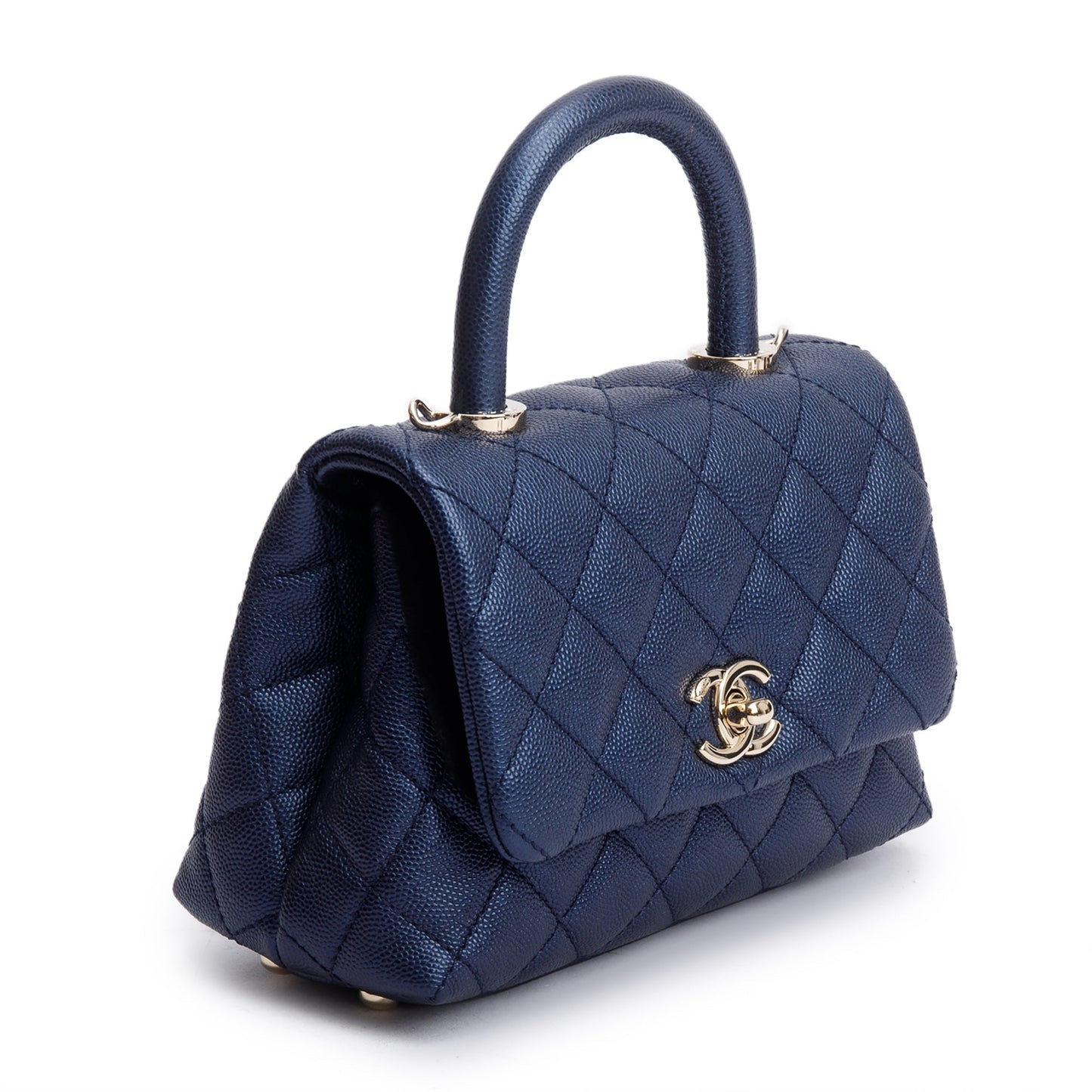 Chanel 2020 Blue Irisdescent Quilted Caviar Leather Mini Coco Top Handle Flap Bag