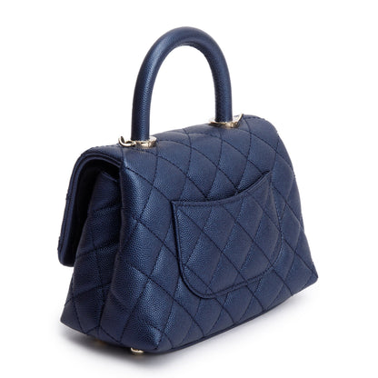Chanel 2020 Blue Irisdescent Quilted Caviar Leather Mini Coco Top Handle Flap Bag