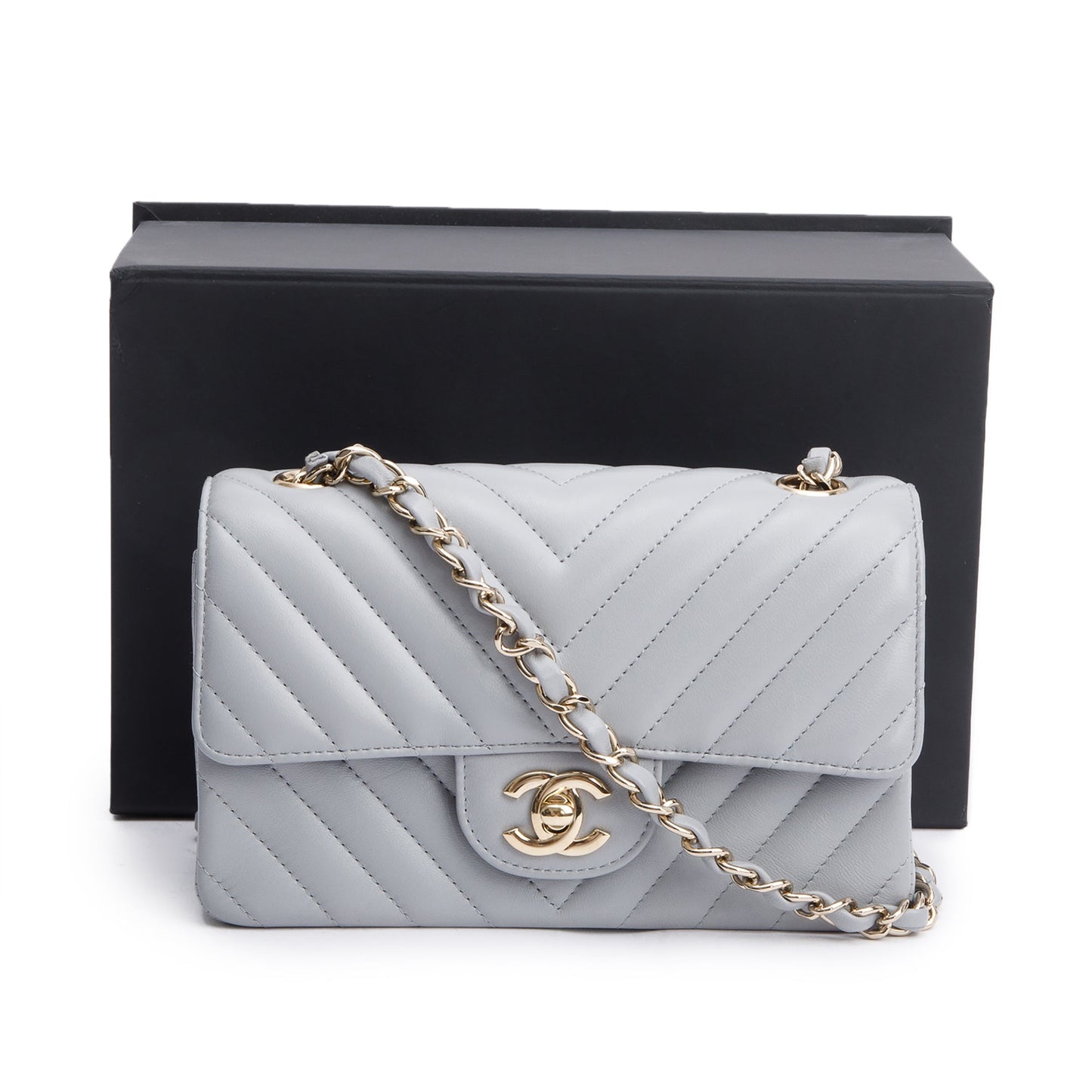 Chanel Grey Chevron Quilted Lambskin Leather Classic Mini Rectangular Flap Bag