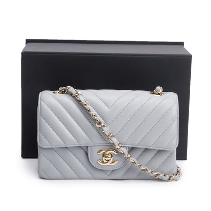 Chanel Grey Chevron Quilted Lambskin Leather Classic Mini Rectangular Flap Bag