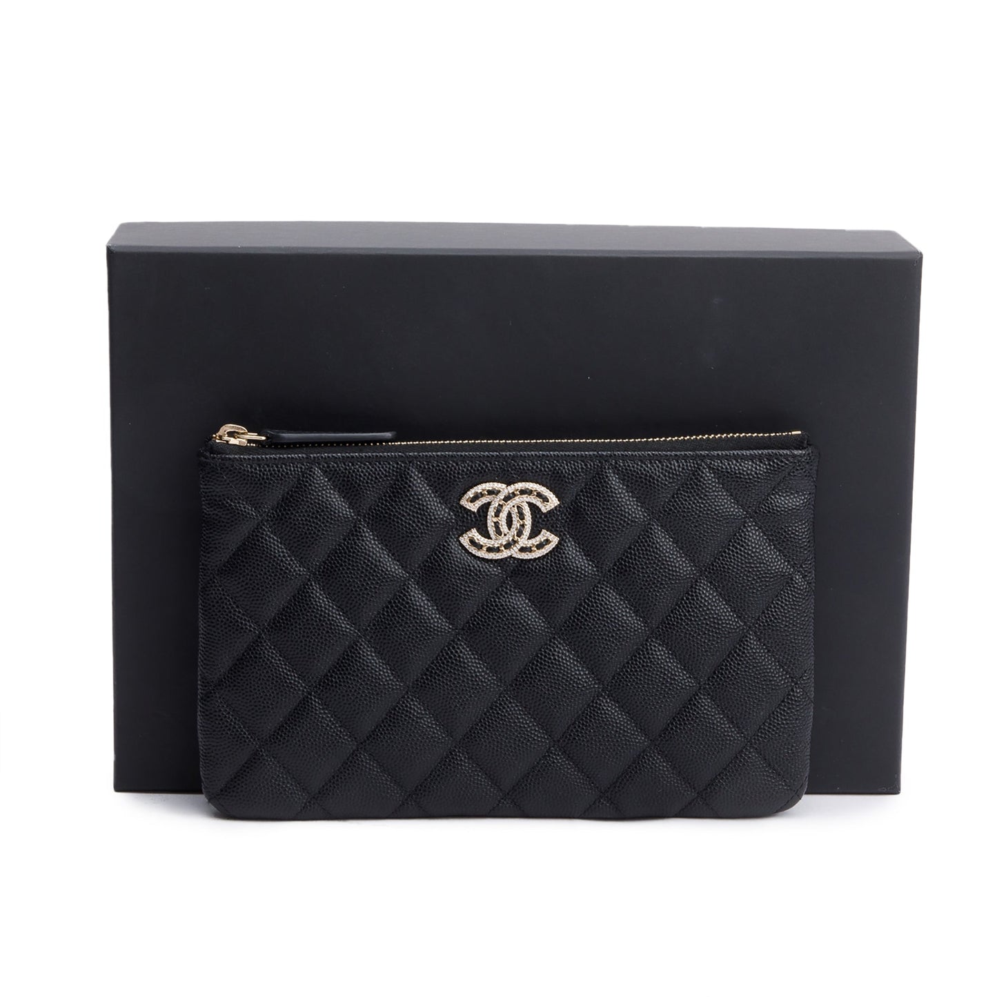 Chanel 2021 Black Quilted Caviar Leather Small O-Case Clutch