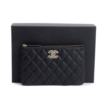 Chanel 2021 Black Quilted Caviar Leather Small O-Case Clutch
