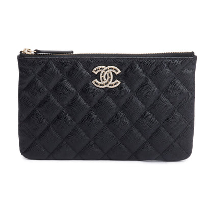 Chanel 2021 Black Quilted Caviar Leather Small O-Case Clutch