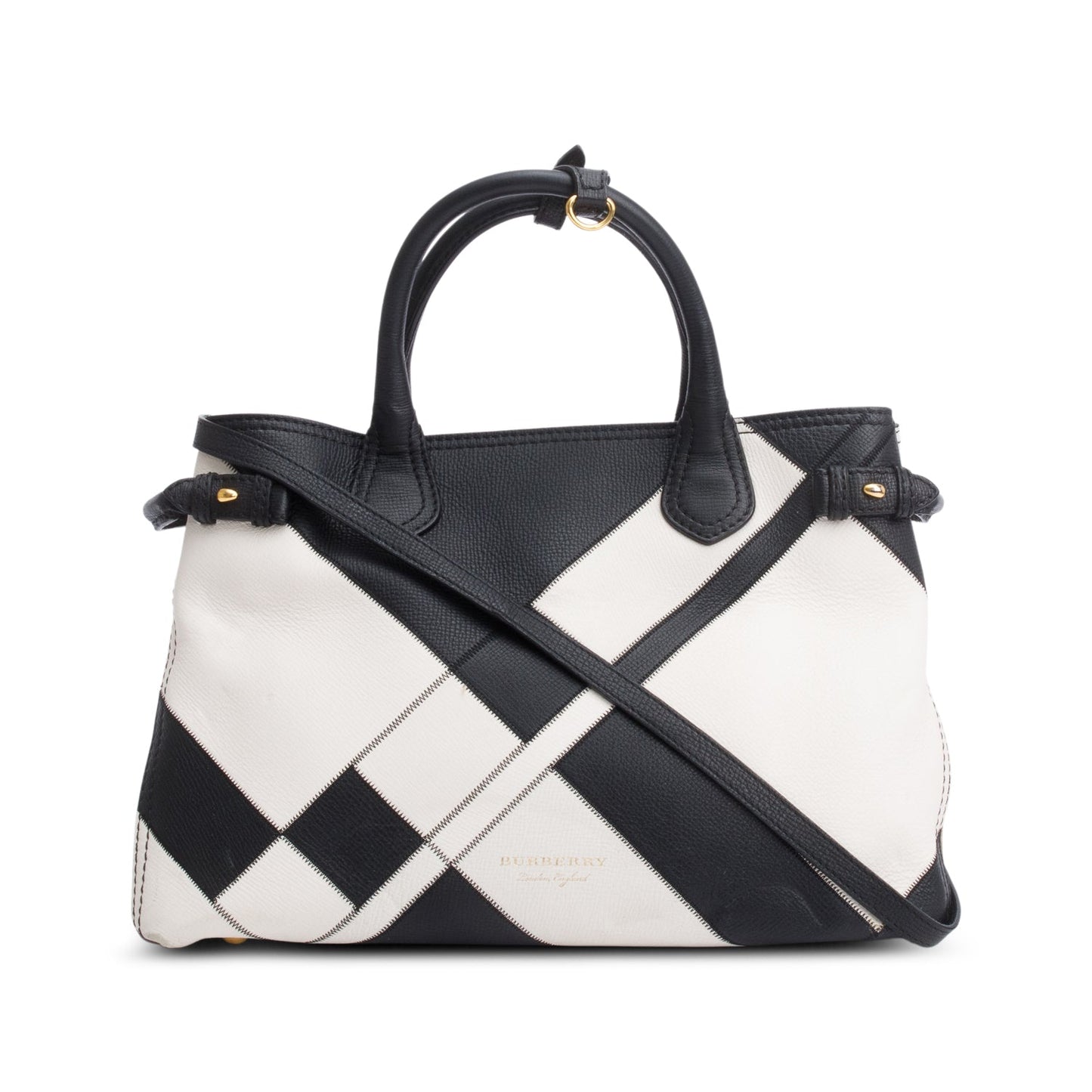 Burberry Black/White Calfskin Leather House Check Medium Patchwork Banner Tote