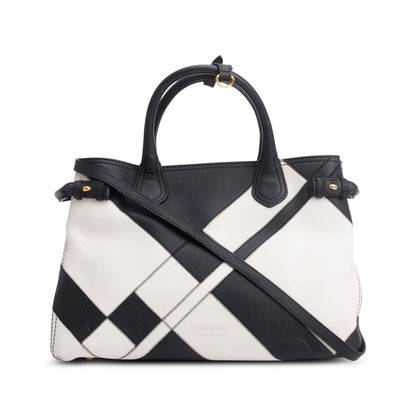 Burberry Black/White Calfskin Leather House Check Medium Patchwork Banner Tote