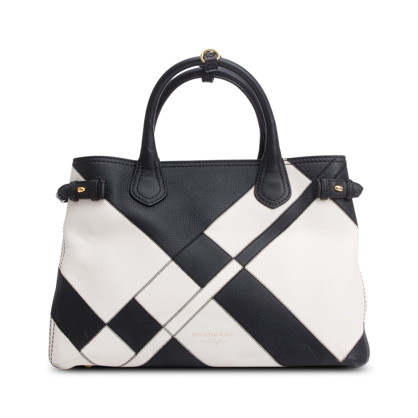Burberry Black/White Calfskin Leather House Check Medium Patchwork Banner Tote