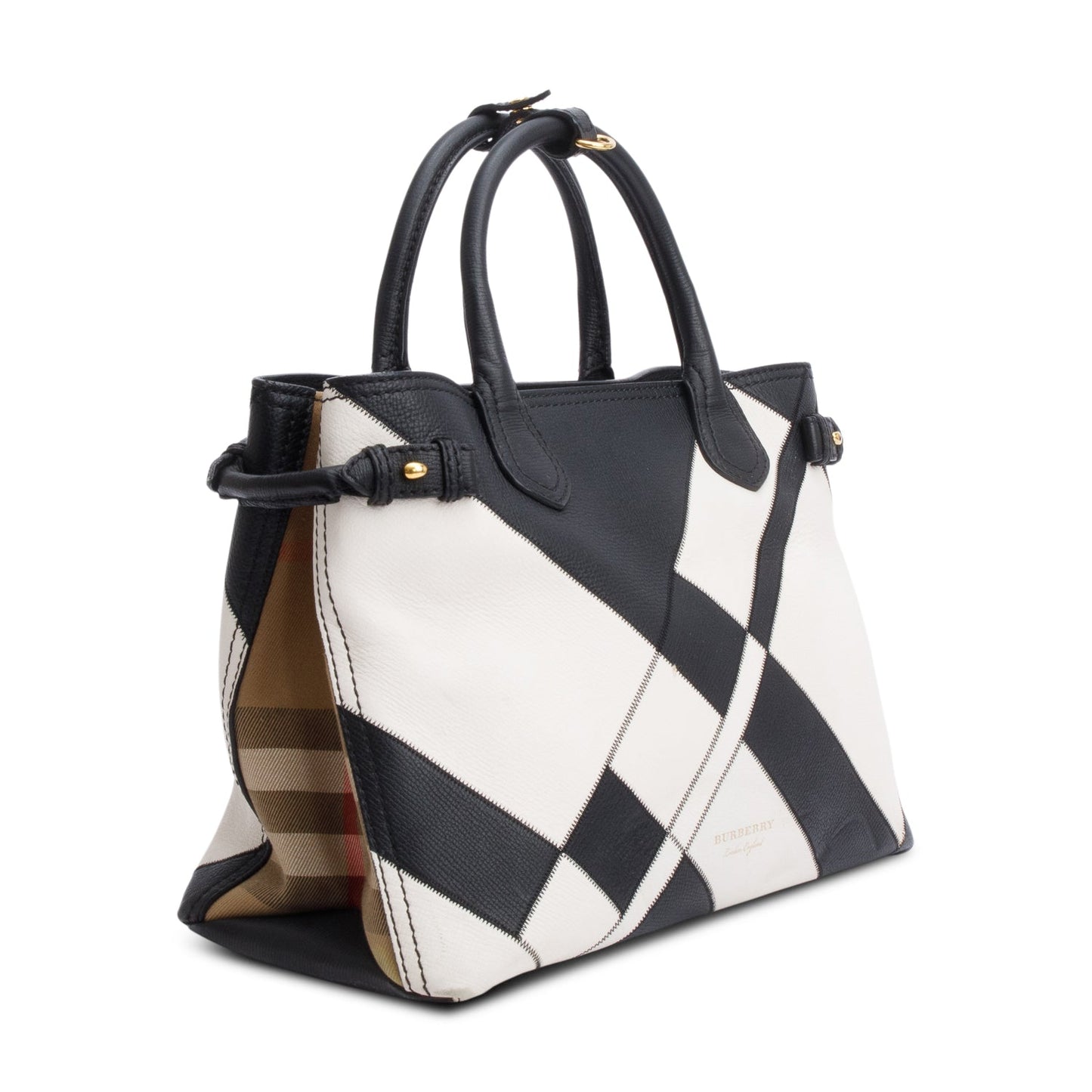 Burberry Black/White Calfskin Leather House Check Medium Patchwork Banner Tote