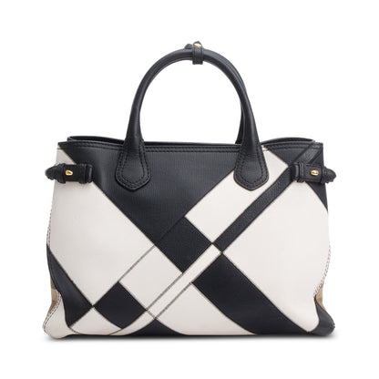 Burberry Black/White Calfskin Leather House Check Medium Patchwork Banner Tote