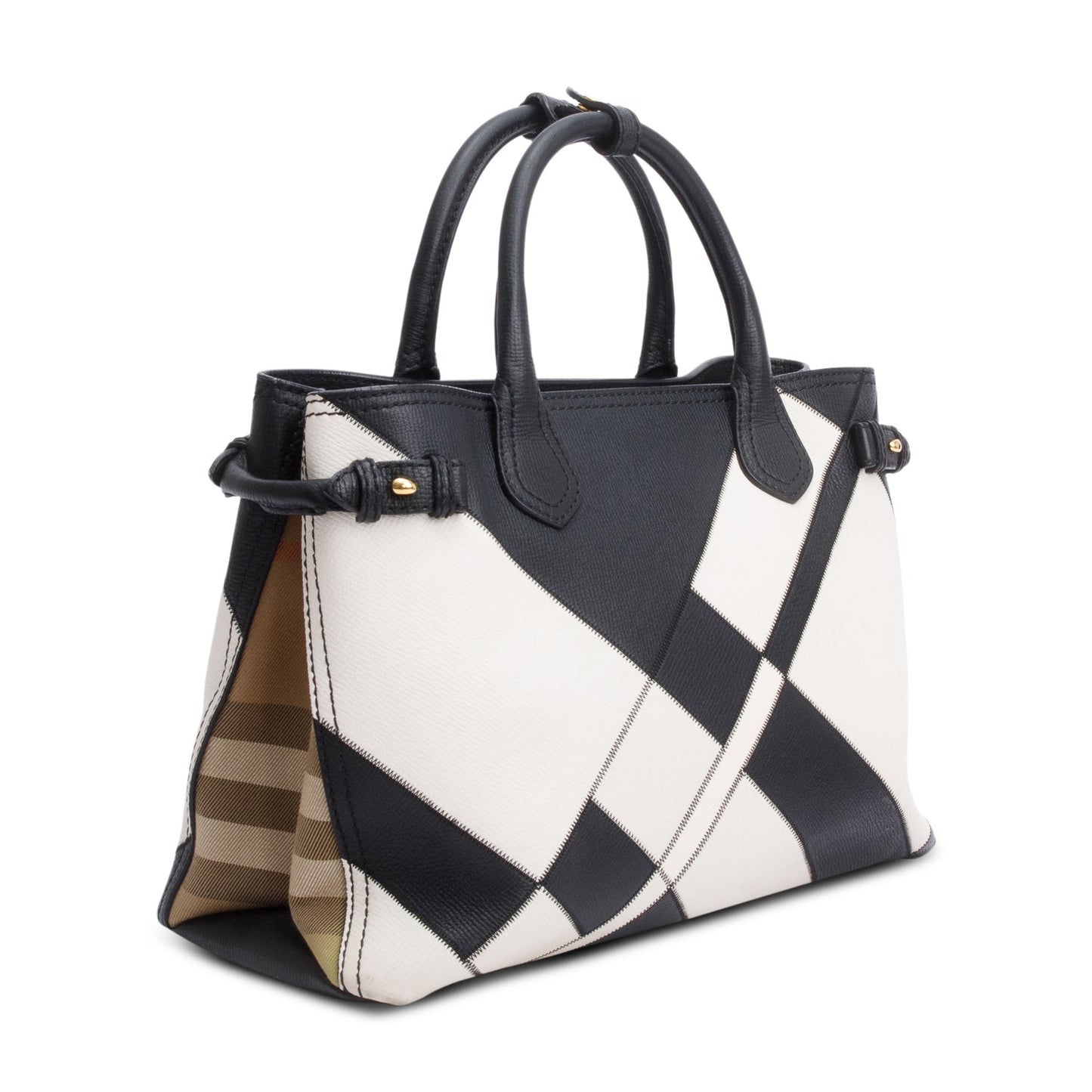 Burberry Black/White Calfskin Leather House Check Medium Patchwork Banner Tote