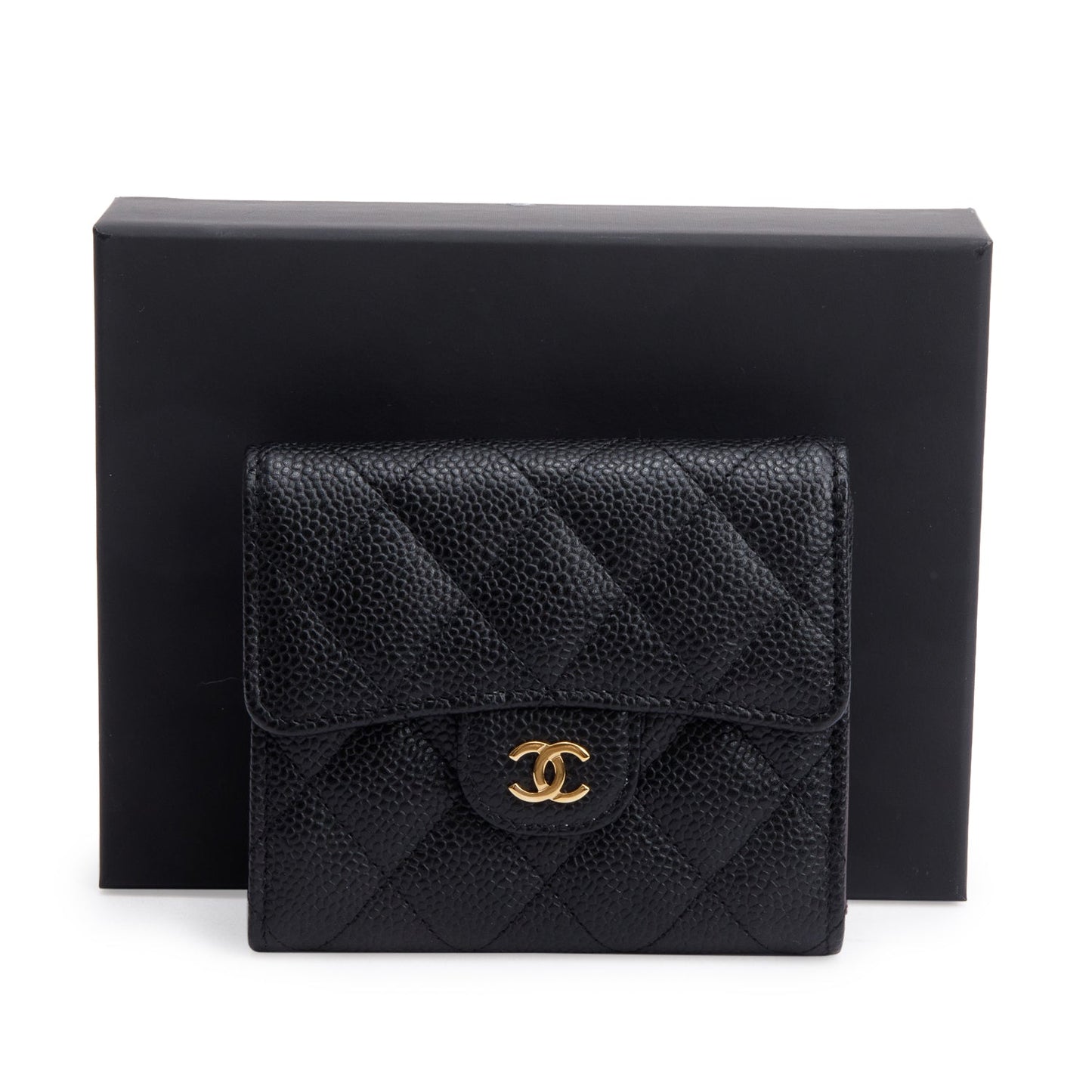Chanel 2023 Black Quilted Caviar Leather Classic Interlocking CC Logo Trifold Compact Wallet