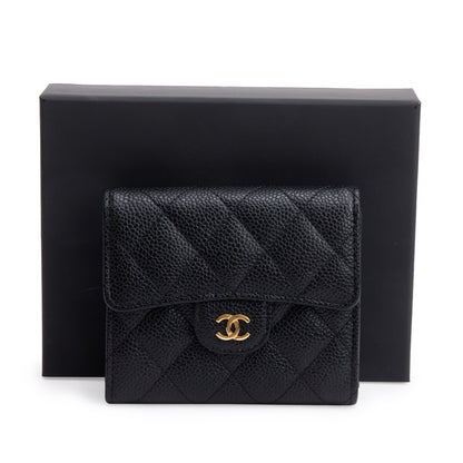 Chanel 2023 Black Quilted Caviar Leather Classic Interlocking CC Logo Trifold Compact Wallet