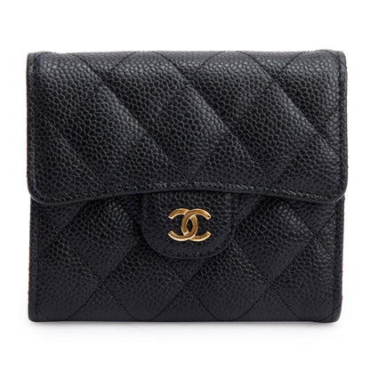 Chanel 2023 Black Quilted Caviar Leather Classic Interlocking CC Logo Trifold Compact Wallet