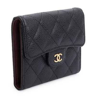 Chanel 2023 Black Quilted Caviar Leather Classic Interlocking CC Logo Trifold Compact Wallet