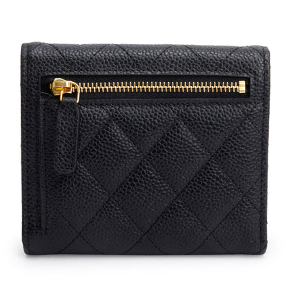 Chanel 2023 Black Quilted Caviar Leather Classic Interlocking CC Logo Trifold Compact Wallet