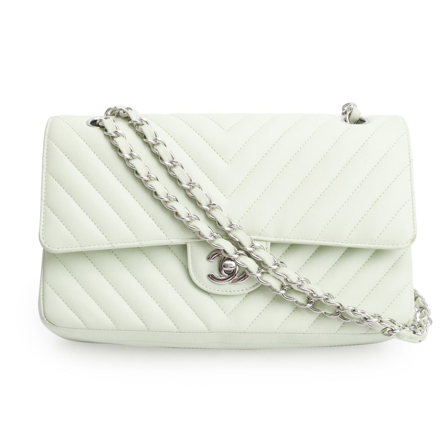 Chanel Green Chevron Lambskin Leather Classic Medium Double Flap Bag