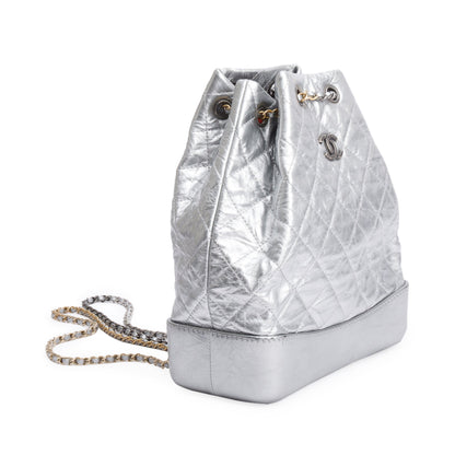 Chanel Metallic Silver Aged Calfskin Leather Small Gabrielle Backpack