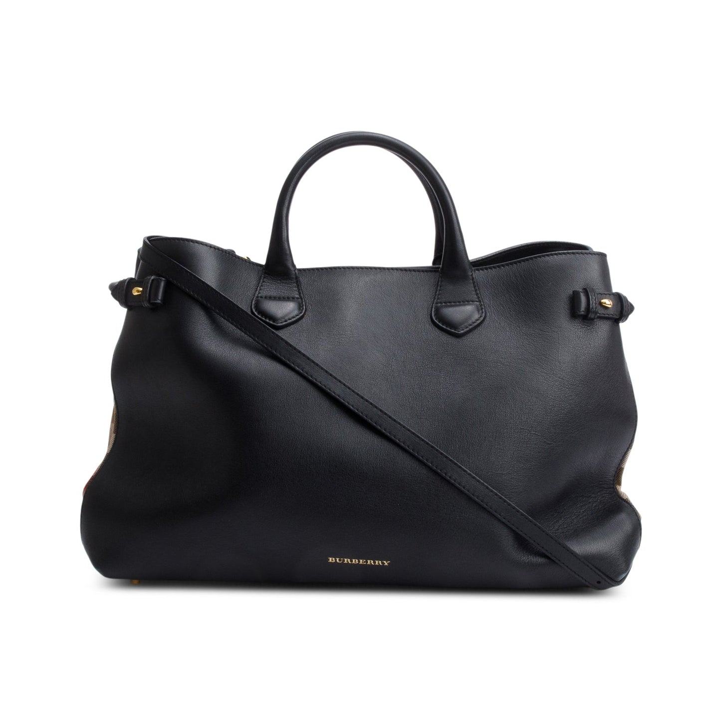 Burberry Black Calfskin Leather House Check Large Banner Tote