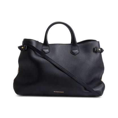 Burberry Black Calfskin Leather House Check Large Banner Tote
