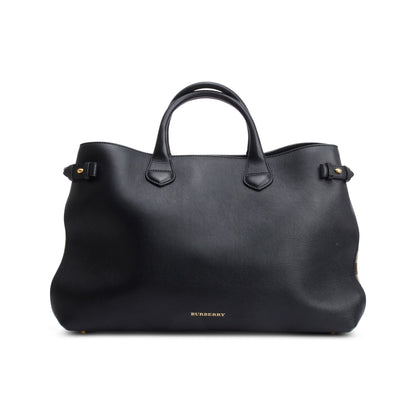 Burberry Black Calfskin Leather House Check Large Banner Tote