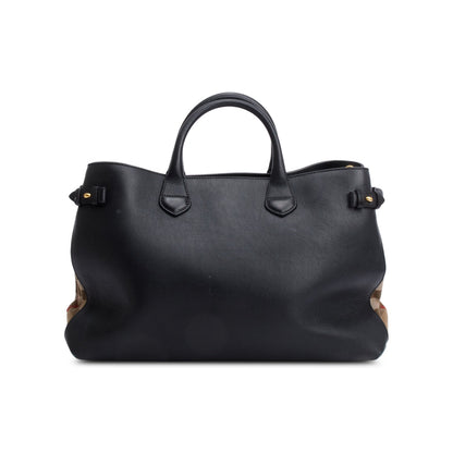 Burberry Black Calfskin Leather House Check Large Banner Tote