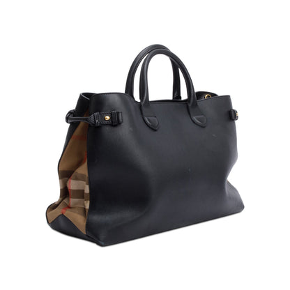 Burberry Black Calfskin Leather House Check Large Banner Tote