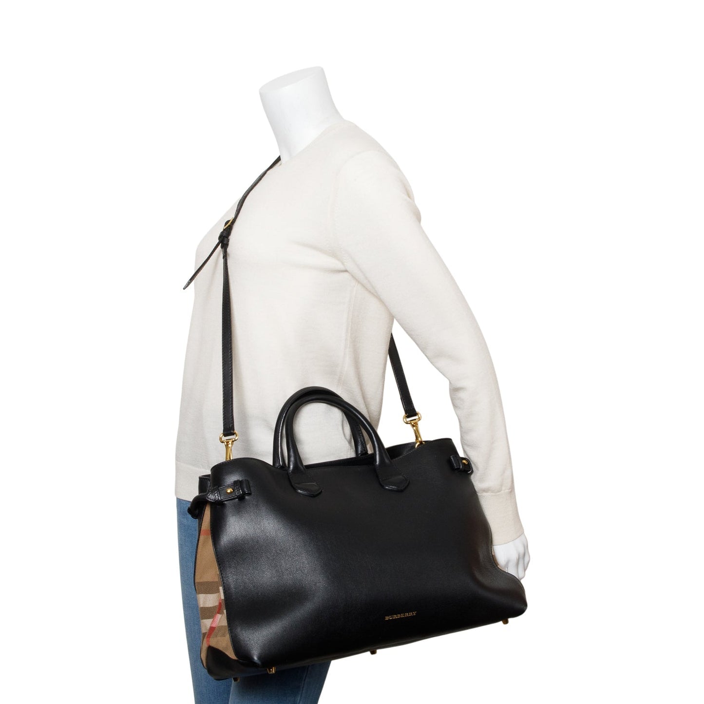 Burberry Black Calfskin Leather House Check Large Banner Tote