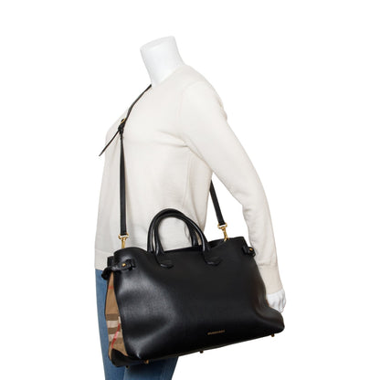 Burberry Black Calfskin Leather House Check Large Banner Tote