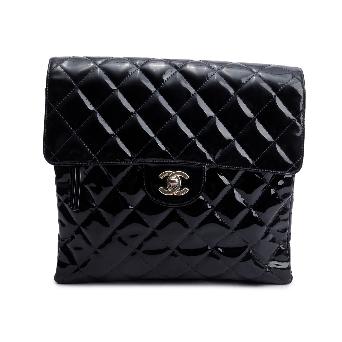 Chanel Vintage Black Quilted Patent Leather Classic Flap Backpack