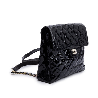 Chanel Vintage Black Quilted Patent Leather Classic Flap Backpack