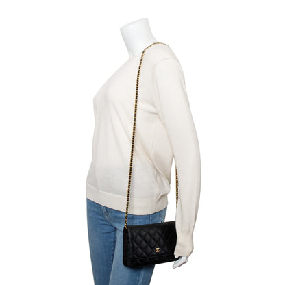 Chanel 2022 Black Quilted Caviar Leather Classic Wallet on Chain
