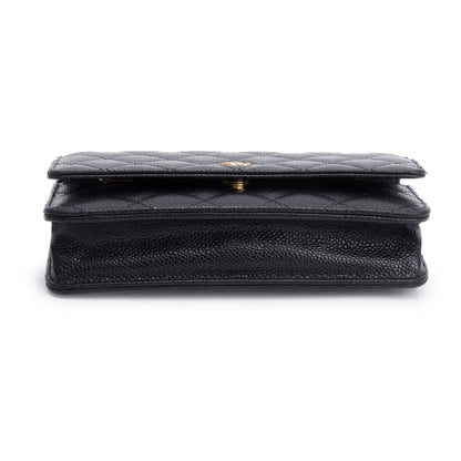Chanel 2022 Black Quilted Caviar Leather Classic Wallet on Chain