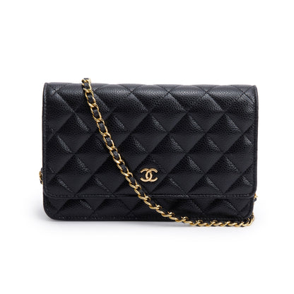 Chanel Black Quilted Caviar Leather Classic Wallet on Chain