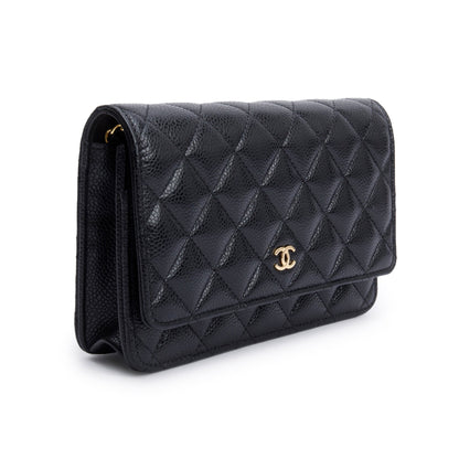 Chanel Black Quilted Caviar Leather Classic Wallet on Chain