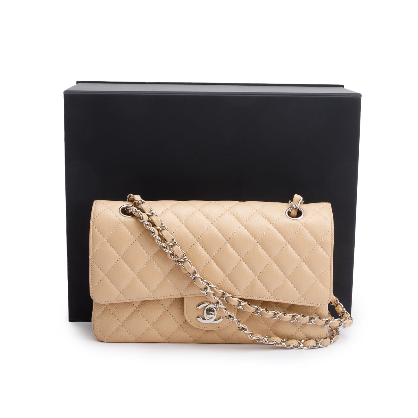 Chanel Beige Quilted Caviar Leather Classic Medium Double Flap Bag