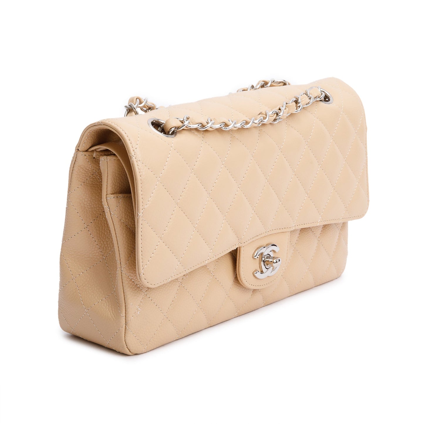 Chanel Beige Quilted Caviar Leather Classic Medium Double Flap Bag