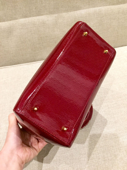 Lady Dior Vintage Medium Red Patent Leather Monogram Embossed Handbag Gold Hardware