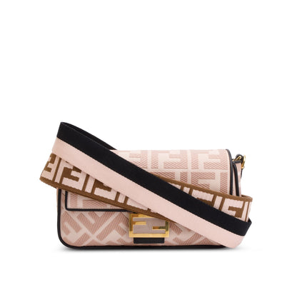 Fendi 2020 Pink FF Embroidered Canvas Baguette Shoulder Bag