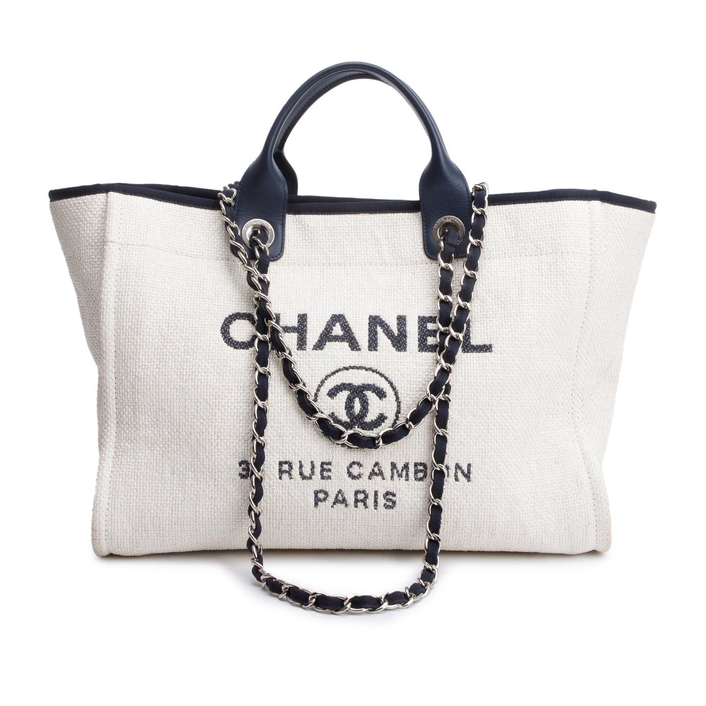 Chanel White Canvas Navy Calfskin Leather Trim Medium Deauville Shopping Tote